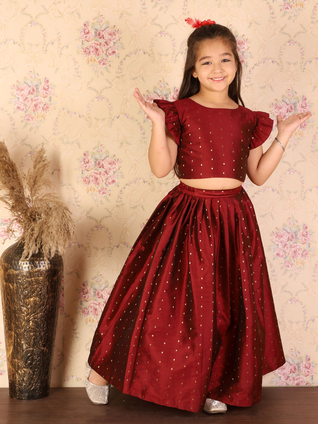 VASTRAMAY Girl s Maroon Woven Design Booti Crop Top And Long Skirt Set