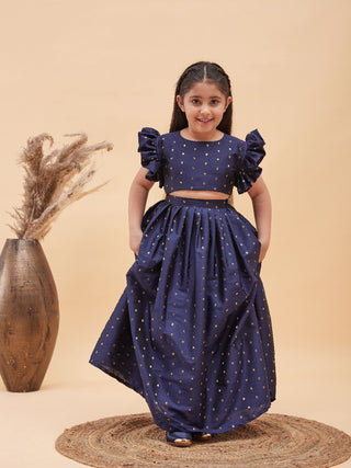 VASTRAMAY Girl's Navy Blue Woven Design Booti Crop Top And Long Skirt Set