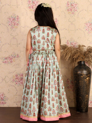 VASTRAMAY Girl's Aqua Printed Silk Blend Crop Top & Pleated Long Skirt Set
