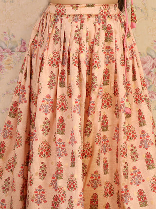 VASTRAMAY Girl's Peach Printed Silk Blend Crop Top & Pleated Long Skirt Set