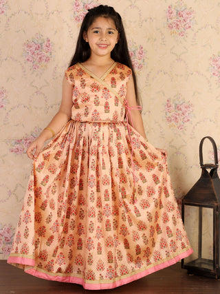 VASTRAMAY Girl's Peach Printed Silk Blend Crop Top & Pleated Long Skirt Set