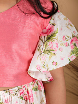 VASTRAMAY Girl's Printed Skirt And Ruffle Crop Top Set