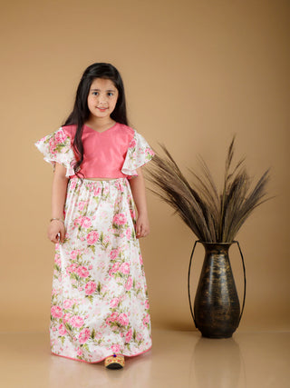 VASTRAMAY Girl's Printed Skirt And Ruffle Crop Top Set
