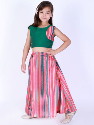 Vastramay Girl's Green Striped Skirt With Green Crop Top