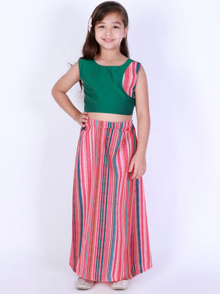 Vastramay Girl's Green Striped Skirt With Green Crop Top