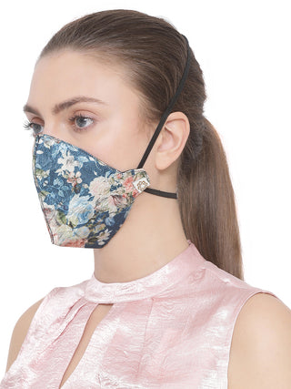 Unisex 3-Ply Floral Print on Embroidered Base Reusable Anti-Pollution, Comfortable Masks in Blue - Pack of 1