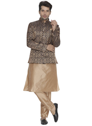 Men's Brown Cotton Silk Blend Kurta, Waistcoat and Breeches Set
