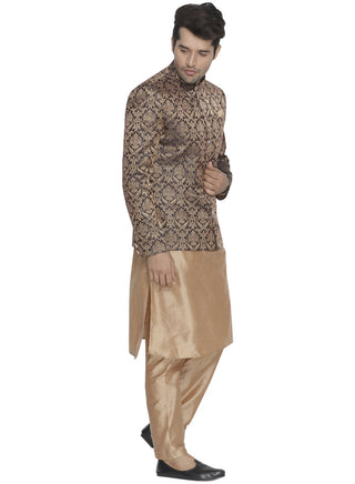 Men's Brown Cotton Silk Blend Kurta, Waistcoat and Breeches Set