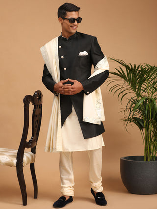 VASTRAMAY Men's Black Angrakha Indo Western Combo With Dupatta Set