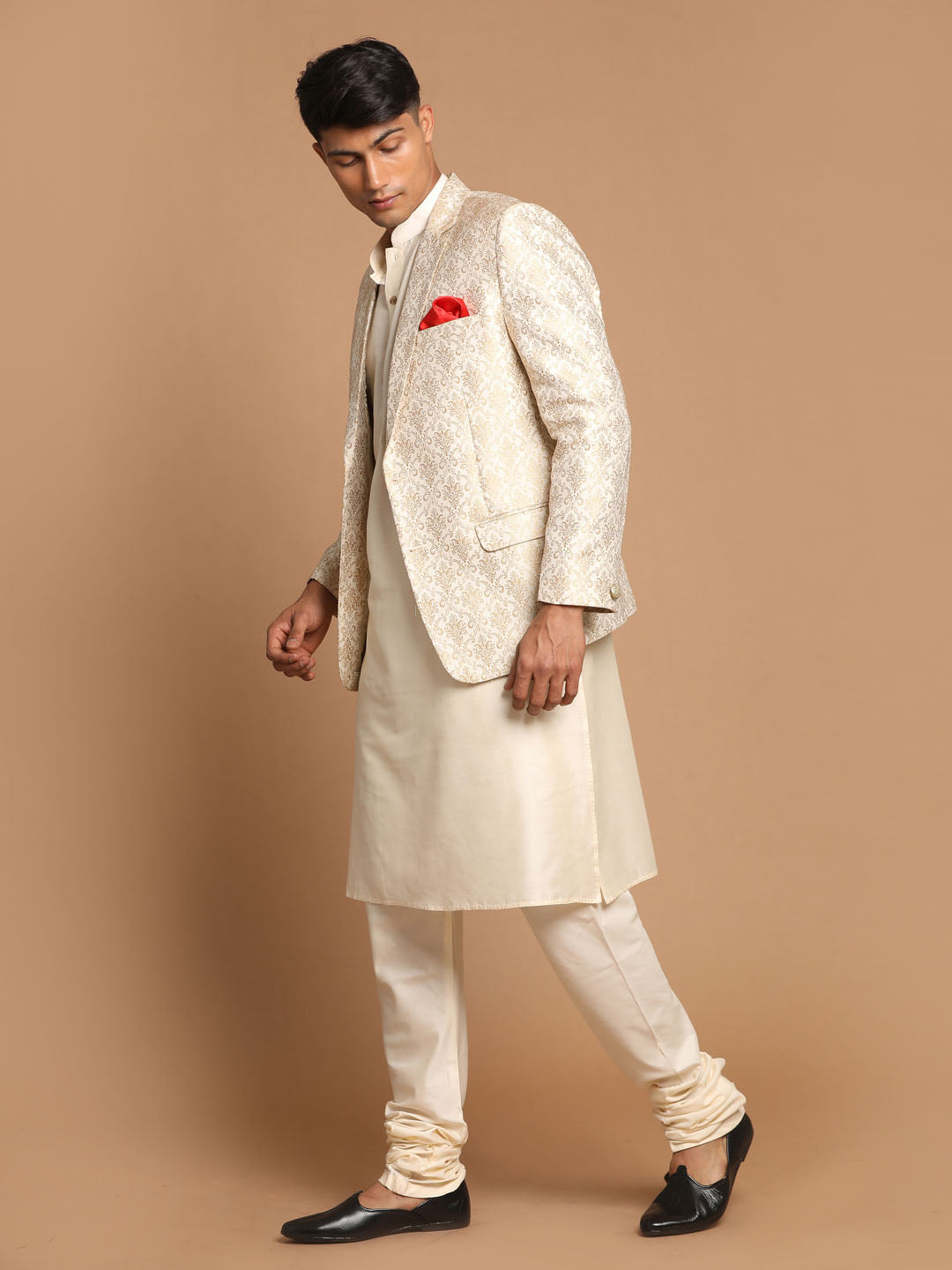 Men's Gold Woven Blazer And Cream Solid Kurta With Pajama Set