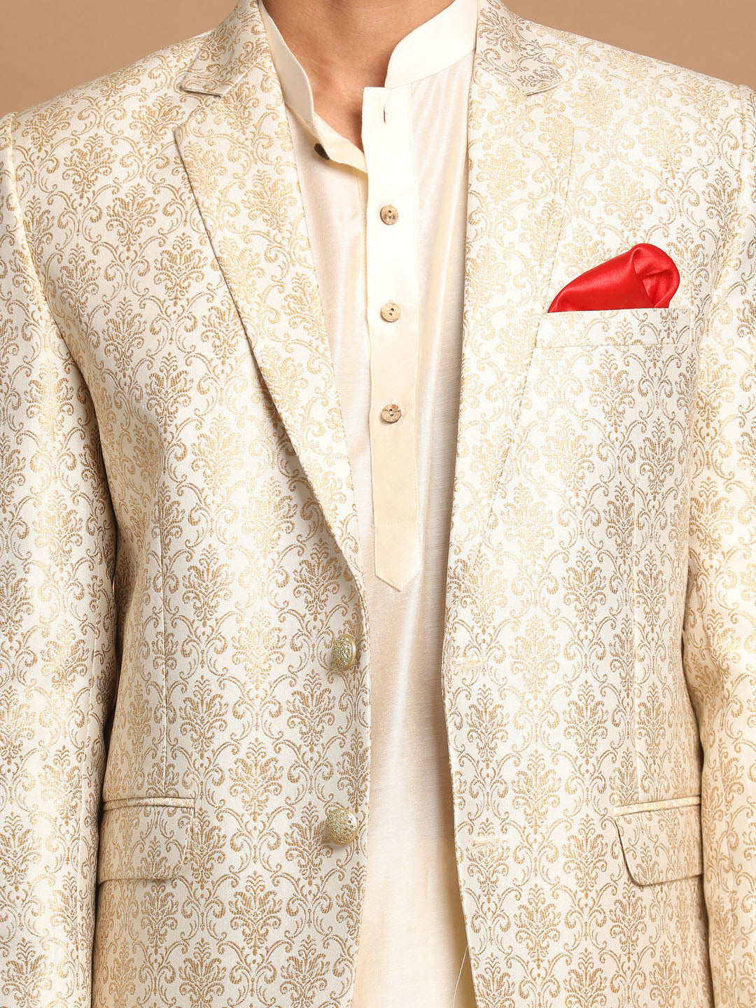 Men's Gold Woven Blazer And Cream Solid Kurta With Pajama Set