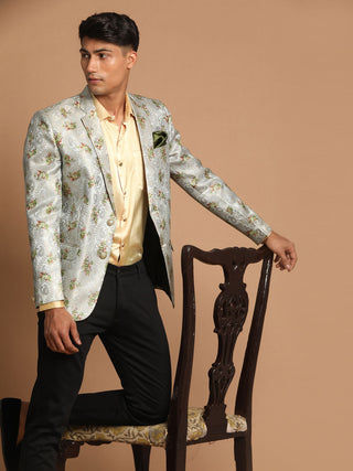 VASTRAMAY Men's Light Green Woven Silk Blend Blazer