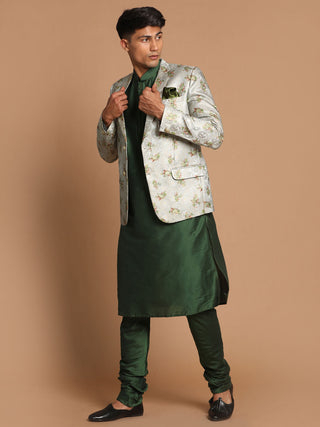 VASTRAMAY Men's Green Silk Blend Woven Blazer And Solid Viscose Kurta With Pajama Set