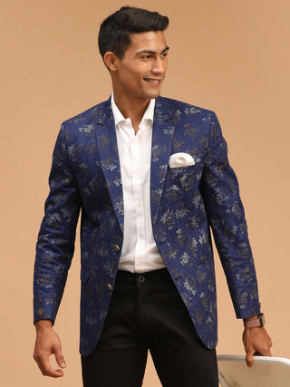 VASTRAMAY Men's Navy Blue Cotton Blend Printed Design Blazer