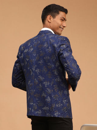 VASTRAMAY Men's Navy Blue Cotton Blend Printed Design Blazer