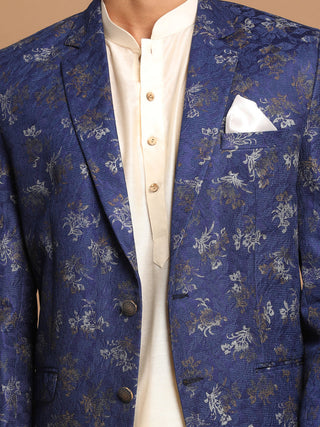 VASTRAMAY Men's Navy Blue Woven Blazer And Cream Solid Kurta With Pajama Set
