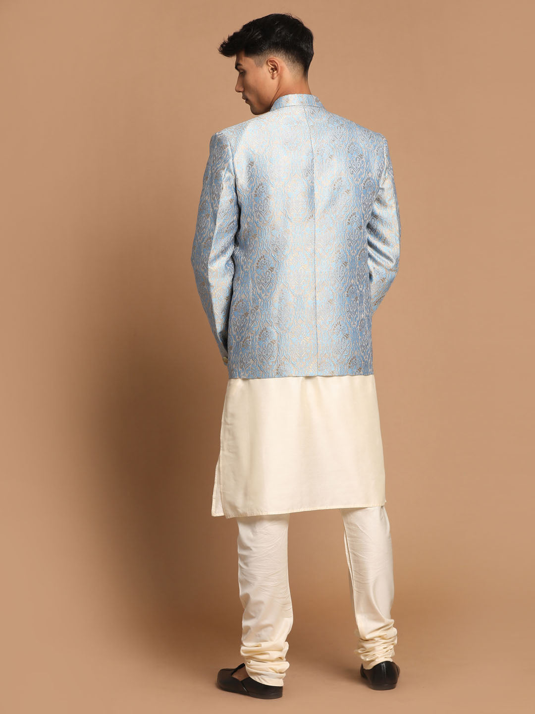 Men's Gray Woven Blazer And Cream Solid Kurta With Pajama Set