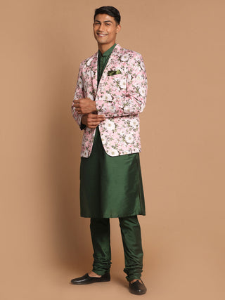VASTRAMAY Men's Pink Floral Print Blazer And Green Solid Viscose Kurta With Pajama Set