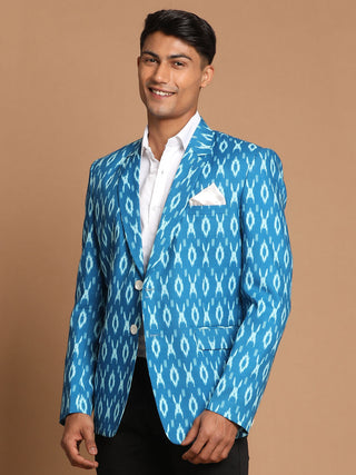 VASTRAMAY Men's Turquoise Blue Ikkat print Blazer