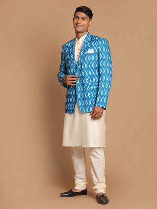 VASTRAMAY Men's Blue Ikkat print Blazer And Kurta Pyjama set
