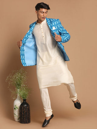 VASTRAMAY Men's Blue Ikkat print Blazer And Kurta Pyjama set