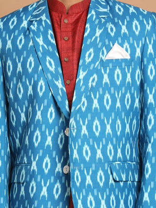 VASTRAMAY Men's Blue Ikkat print Blazer And Kurta Pant set