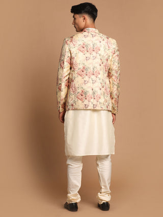 VASTRAMAY Men's Beige Floral Print Blazer And Cream Solid Kurta With Pajama Set