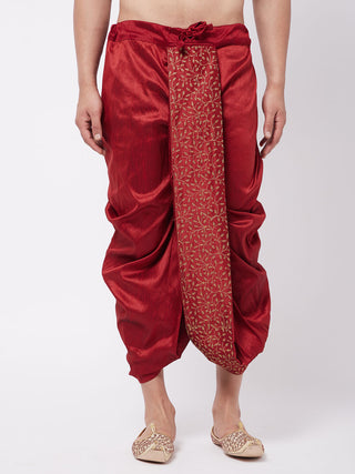 VM BY VASTRAMAY Men's Maroon Silk Blend Embroidered Dhoti