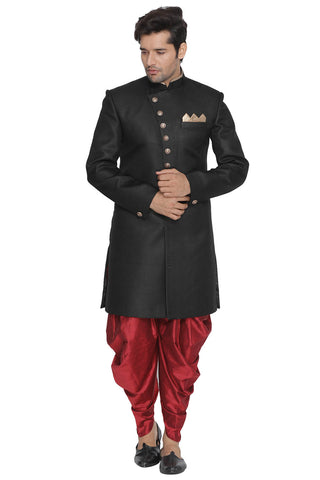 VM By VASTRAMAY Men's Black Silk Blend Sherwani Only Top