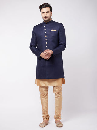 VM By VASTRAMAY Men's Navy Blue Angrakha Style Indo Western Over Rose Gold Kurta Pyjama Set