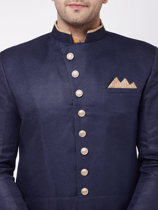VM By VASTRAMAY Men's Navy Blue Angrakha Style Indo Western Over Rose Gold Kurta Pyjama Set