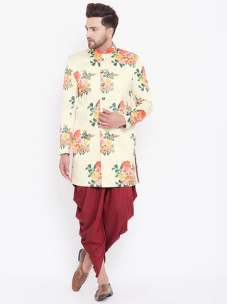 VASTRAMAY Men's Floral Printed Multicolor-Base-Cream And Maroon Silk Blend Sherwani Set