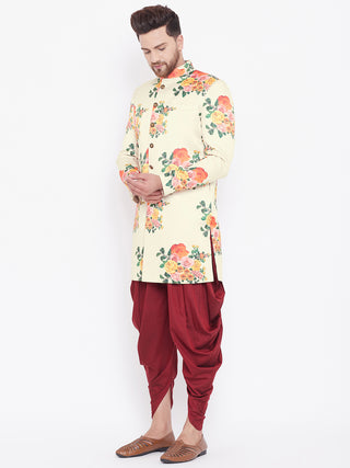 VASTRAMAY Men's Floral Printed Multicolor-Base-Cream And Maroon Silk Blend Sherwani Set