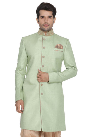 Men's Green Jute Cotton Blend Sherwani Top