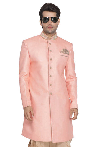 Men's Pink Jute Cotton Blend Sherwani Top