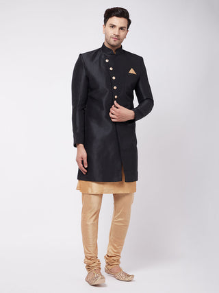 VM BY VASTRAMAY Men's Black Angrakha Style Indo Western Over Rose Gold Kurta Pyjama Set