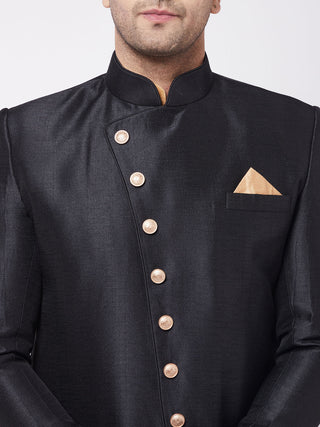 VM BY VASTRAMAY Men's Black Angrakha Style Indo Western Over Rose Gold Kurta Pyjama Set