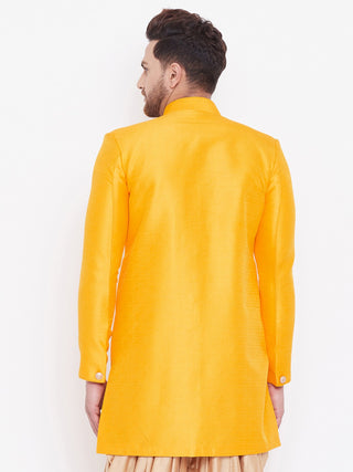 VM By VASTRAMAY Men's Mustard Silk Blend Sherwani Only Top