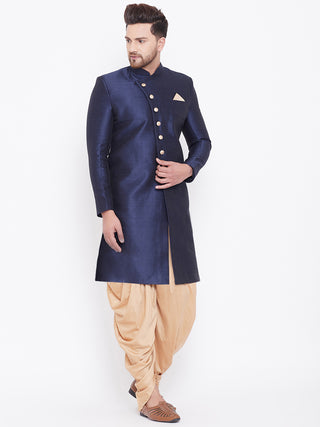 VM By VASTRAMAY Men's Navy Blue And Rose Gold Silk Blend Sherwani Set