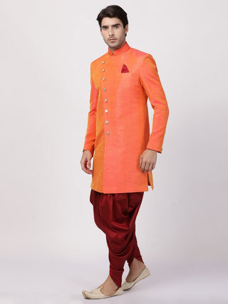 Men's Orange Silk Blend Sherwani Set