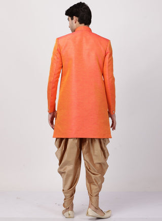 Men's Orange Silk Blend Sherwani Set
