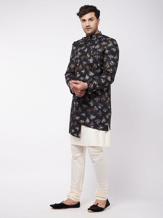 VASTRAMAY Men's Black Angrakha Style Indo Western Over Cream Kurta Pyjama Set