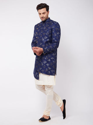 VASTRAMAY Men's Blue Angrakha Style Indo Western Over Cream Kurta Pyjama Set
