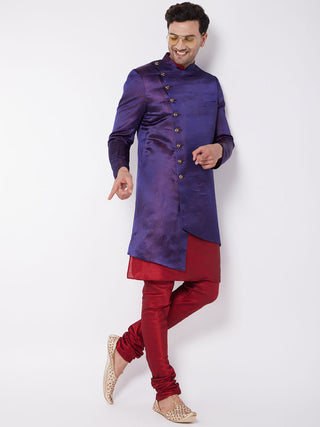VM BY VASTRAMAY Men's Purple Angrakha Style Indo Western Over Maroon Kurta Pyjama Set