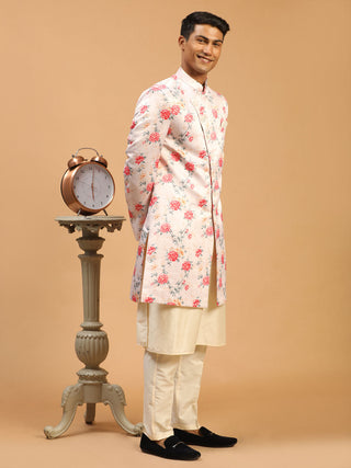 VASTRAMAY Men's Multicolor Base Peach Silk Blend Sherwani with Kurta Pant Set