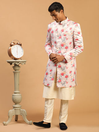 VASTRAMAY Men's Multicolor Base Peach Silk Blend Sherwani with Kurta Pant Set