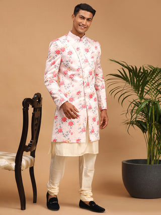 VASTRAMAY Men's Multicolor Base Peach Silk Blend Sherwani With Kurta Pyjama Set