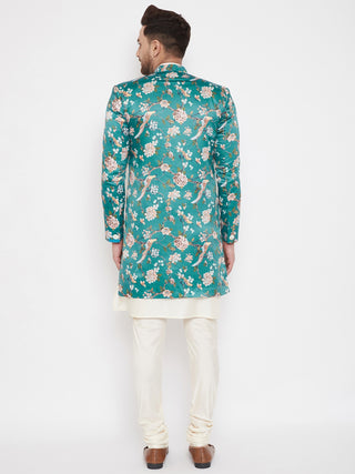 VASTRAMAY Men's Multicolor Base Blue Silk Blend Sherwani With Kurta Pyjama Set