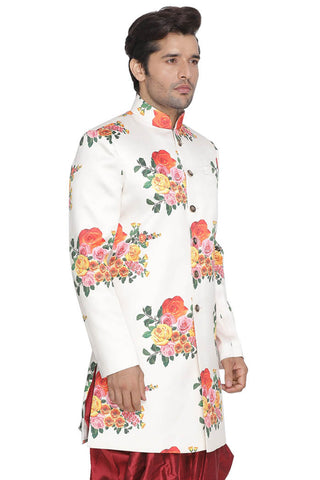 VASTRAMAY Men' Off White Floral Print Sherwani Top