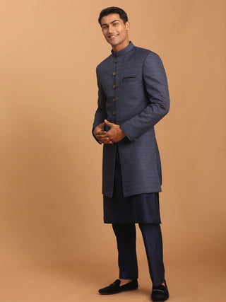 VASTRAMAY Men's Navy Blue Sherwani With Kurta Pant Set